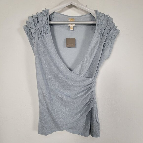 Anthropologie Ric Rac Womens Tiered Ruffle Sleeve Wrap Top Large Sky Blue New - Picture 1 of 8